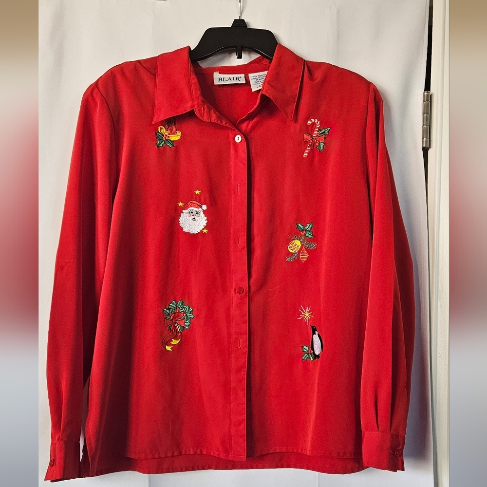 Blair‎ Vintage Embroidered Christmas Button Down Blouse